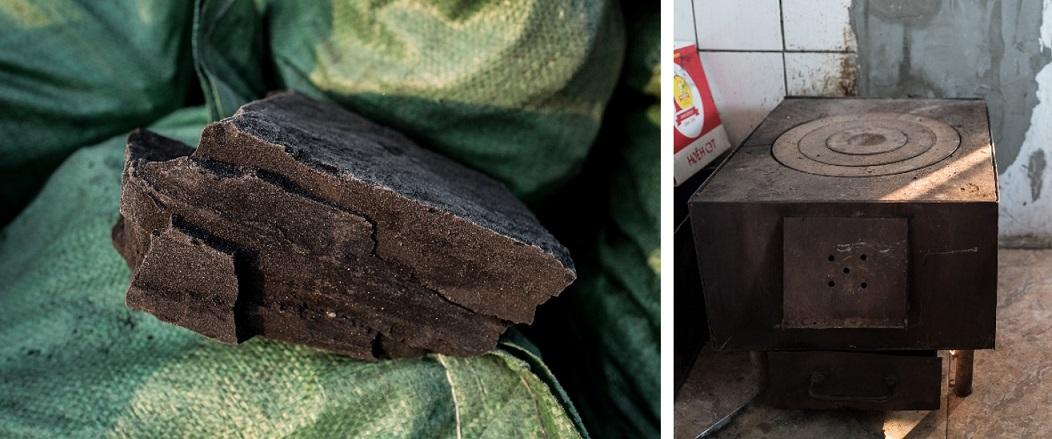Raw coal and a typical heater used to warm Mongolian households