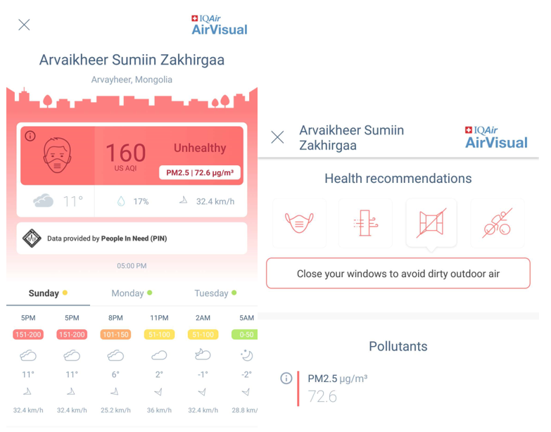 Air pollution information is provided with health recommendations through the free AirVisual app