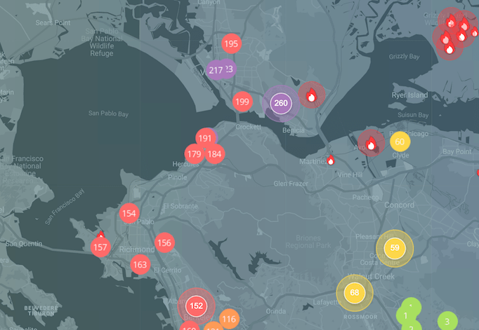 Mapa de contaminación atmosférica por incendios en la bahía