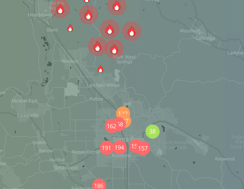 Mapa de contaminación del aire por el incendio de Kincade